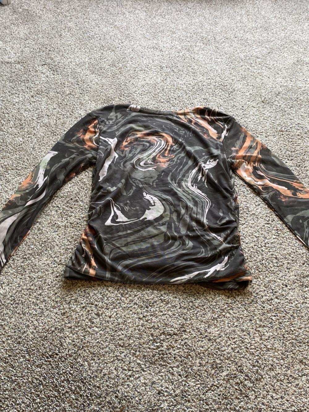 Bailey 44 Black Swirl Mesh Ruched Long-Sleeve Top with Peach Accents - Picture 7 of 7